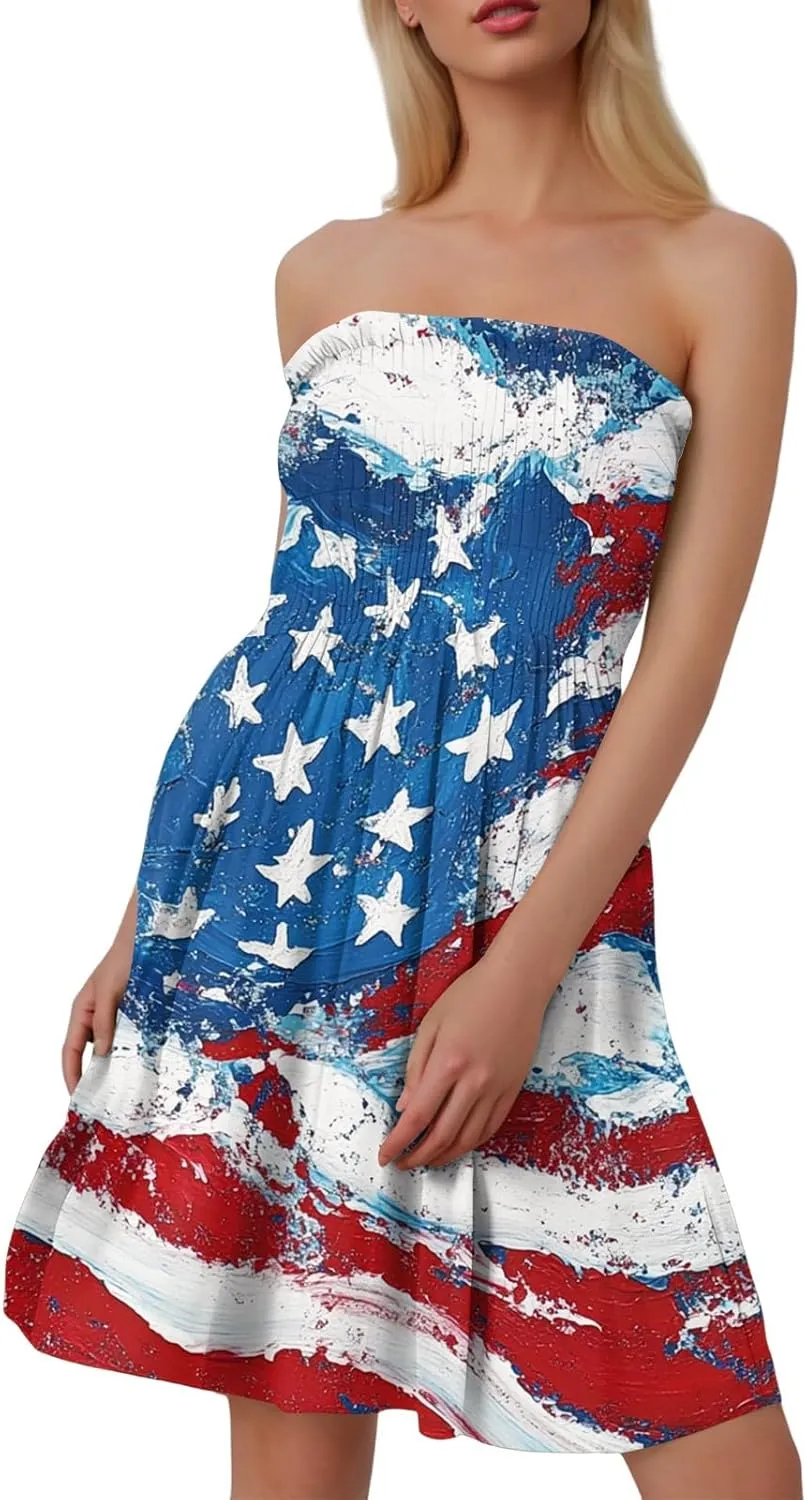 Women's 4th of July American Flag Printed Sheath Patriotic Dress Mini A-line Strapless Beach Sundress