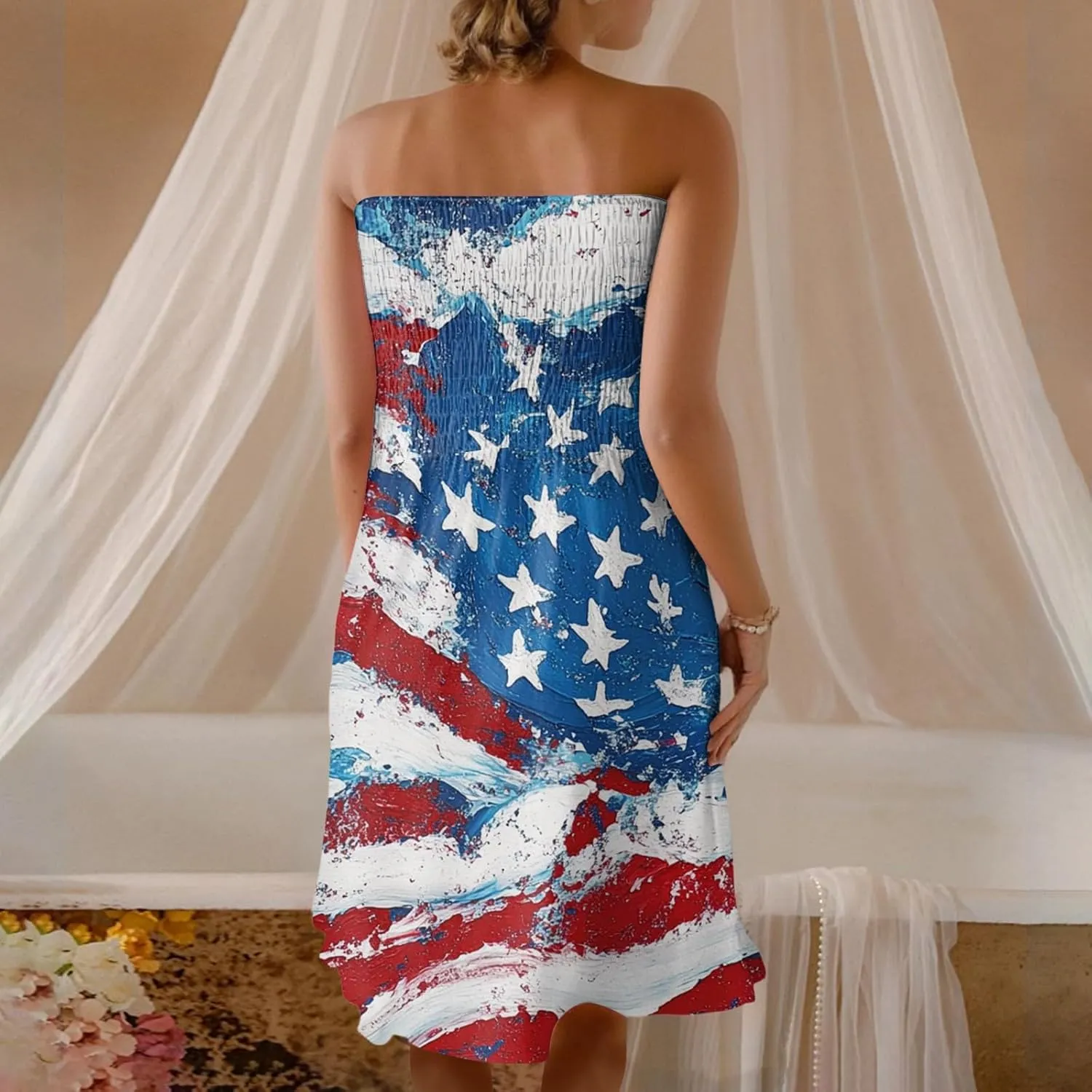 Women's 4th of July American Flag Printed Sheath Patriotic Dress Mini A-line Strapless Beach Sundress