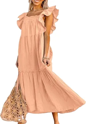 Womens Babydoll Maxi Dress Ruffle Cap Short Sleeve Dresses Tiered Pleated Swing Flowy Long Sundress Summer Outfits