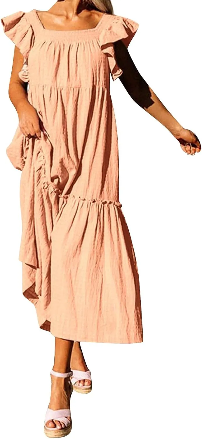 Womens Babydoll Maxi Dress Ruffle Cap Short Sleeve Dresses Tiered Pleated Swing Flowy Long Sundress Summer Outfits