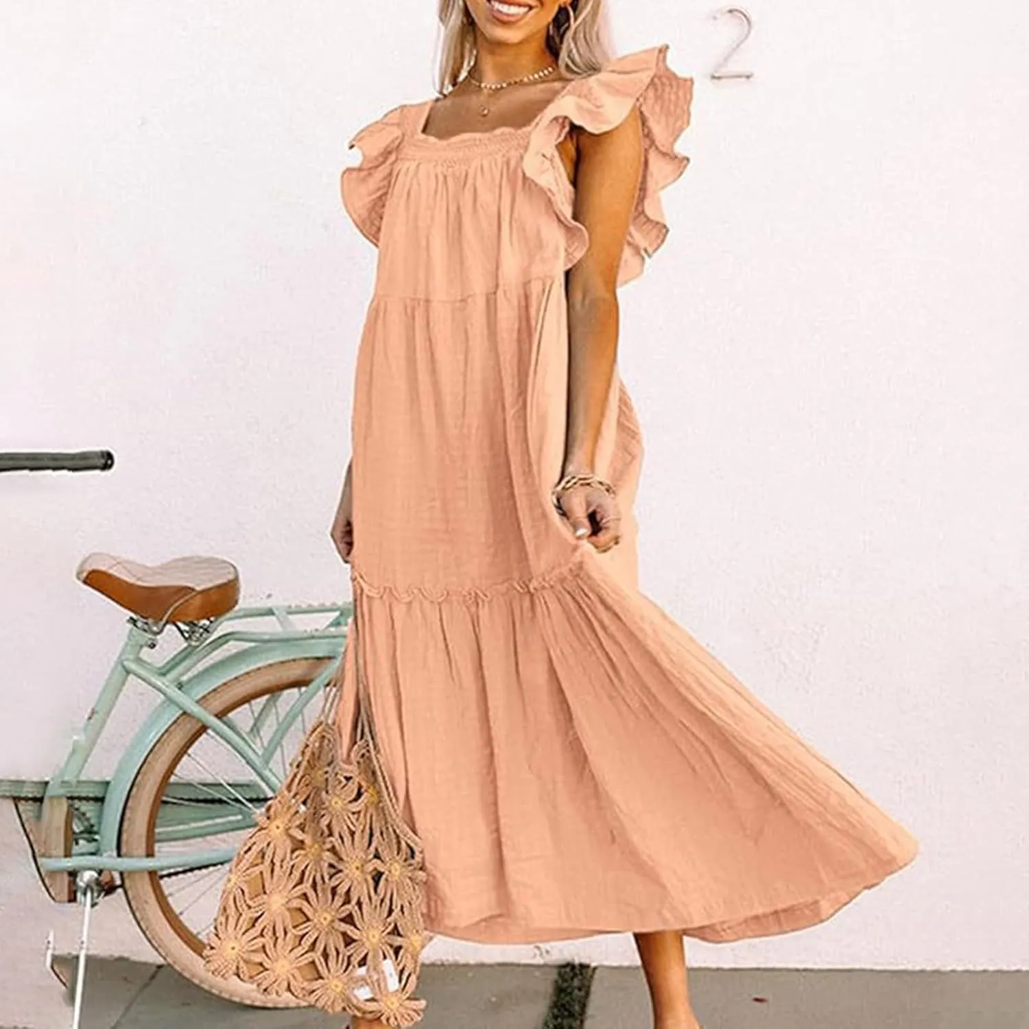 Womens Babydoll Maxi Dress Ruffle Cap Short Sleeve Dresses Tiered Pleated Swing Flowy Long Sundress Summer Outfits