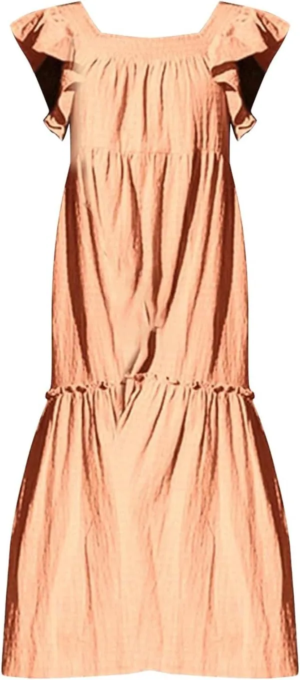 Womens Babydoll Maxi Dress Ruffle Cap Short Sleeve Dresses Tiered Pleated Swing Flowy Long Sundress Summer Outfits