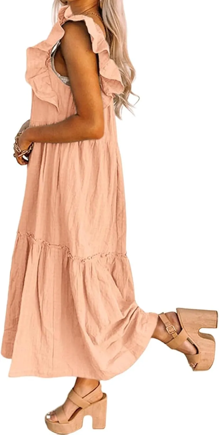 Womens Babydoll Maxi Dress Ruffle Cap Short Sleeve Dresses Tiered Pleated Swing Flowy Long Sundress Summer Outfits