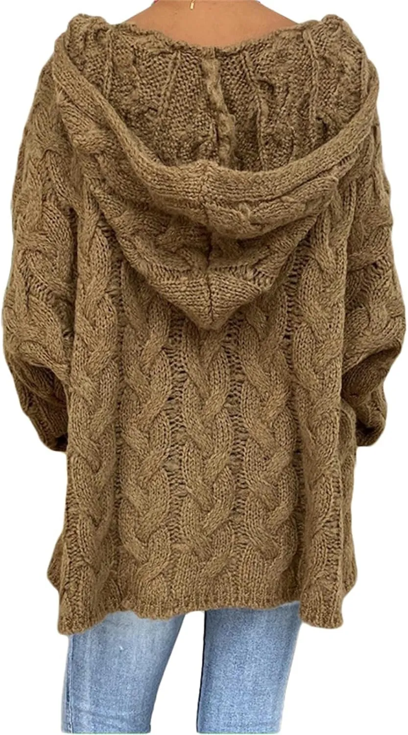 Women's Chunky Cable Knit Pullover Hooded Sweaters Oversized V Neck Long Sleeve Warm Loose Hoodies