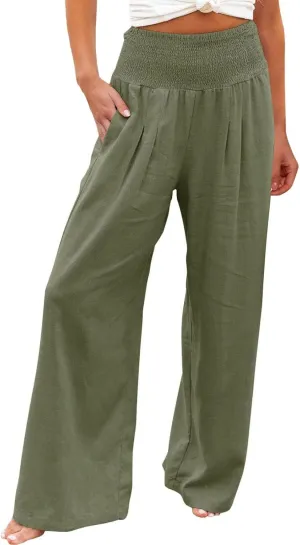 Women's Cotton Linen Summer Palazzo Pants Flowy Wide Leg Beach Trousers Smocked Elastic Waist Loose Comfy Casual