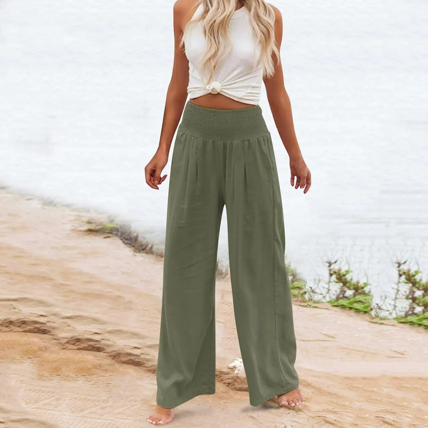 Women's Cotton Linen Summer Palazzo Pants Flowy Wide Leg Beach Trousers Smocked Elastic Waist Loose Comfy Casual