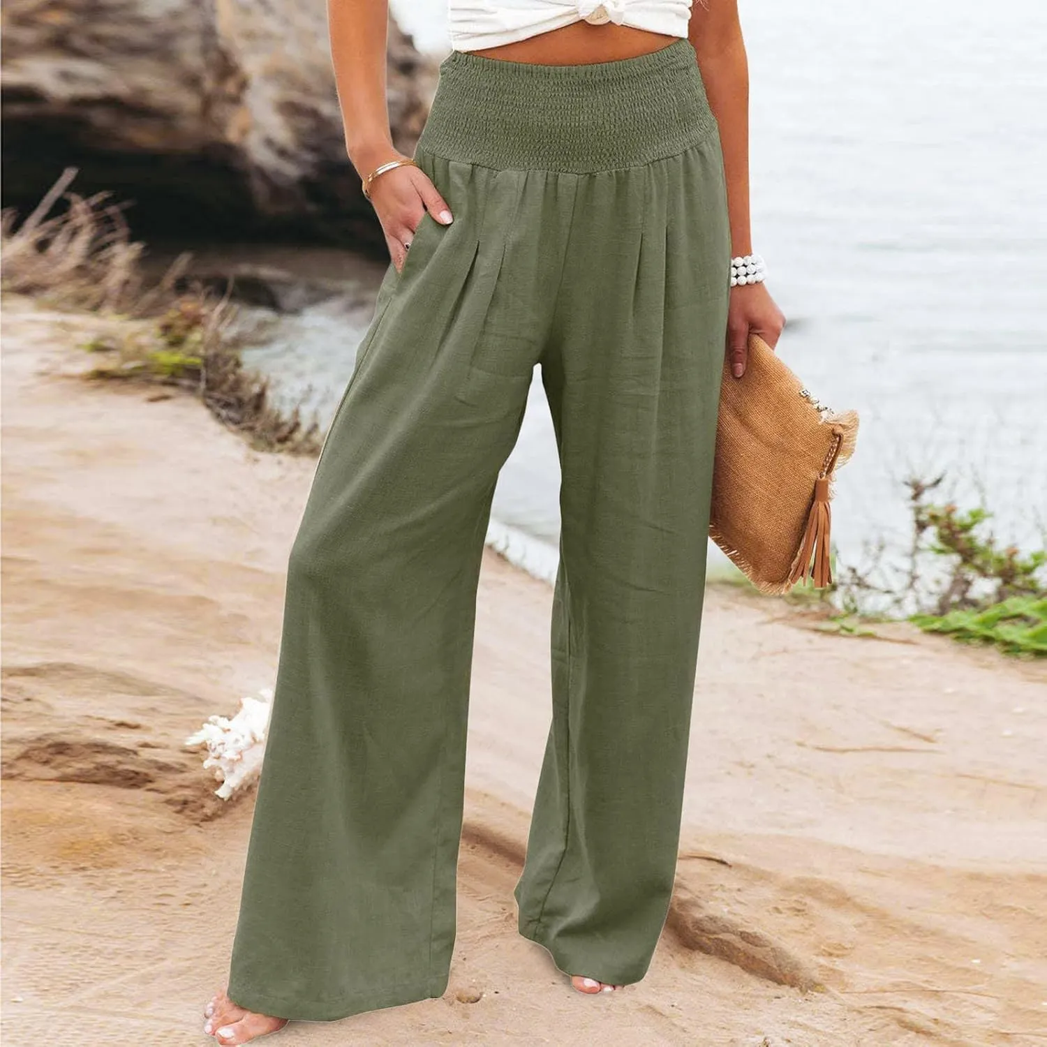 Women's Cotton Linen Summer Palazzo Pants Flowy Wide Leg Beach Trousers Smocked Elastic Waist Loose Comfy Casual