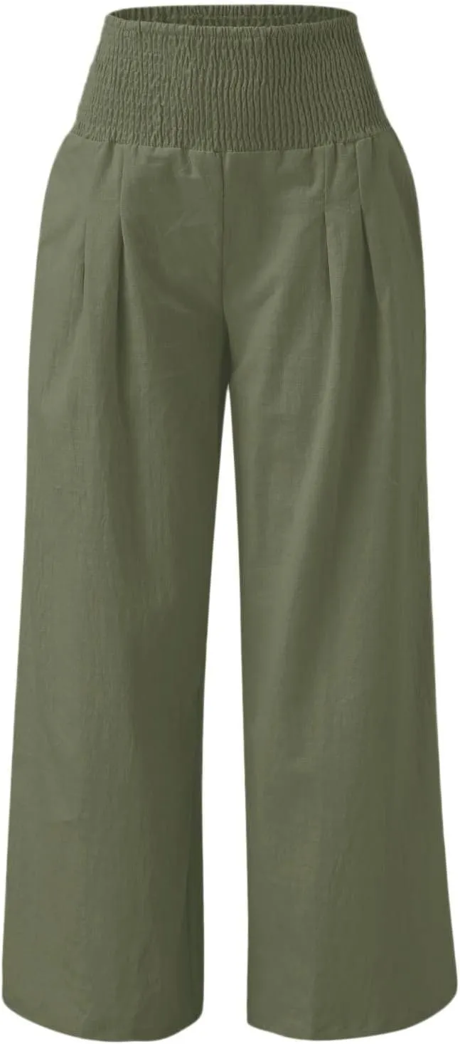 Women's Cotton Linen Summer Palazzo Pants Flowy Wide Leg Beach Trousers Smocked Elastic Waist Loose Comfy Casual