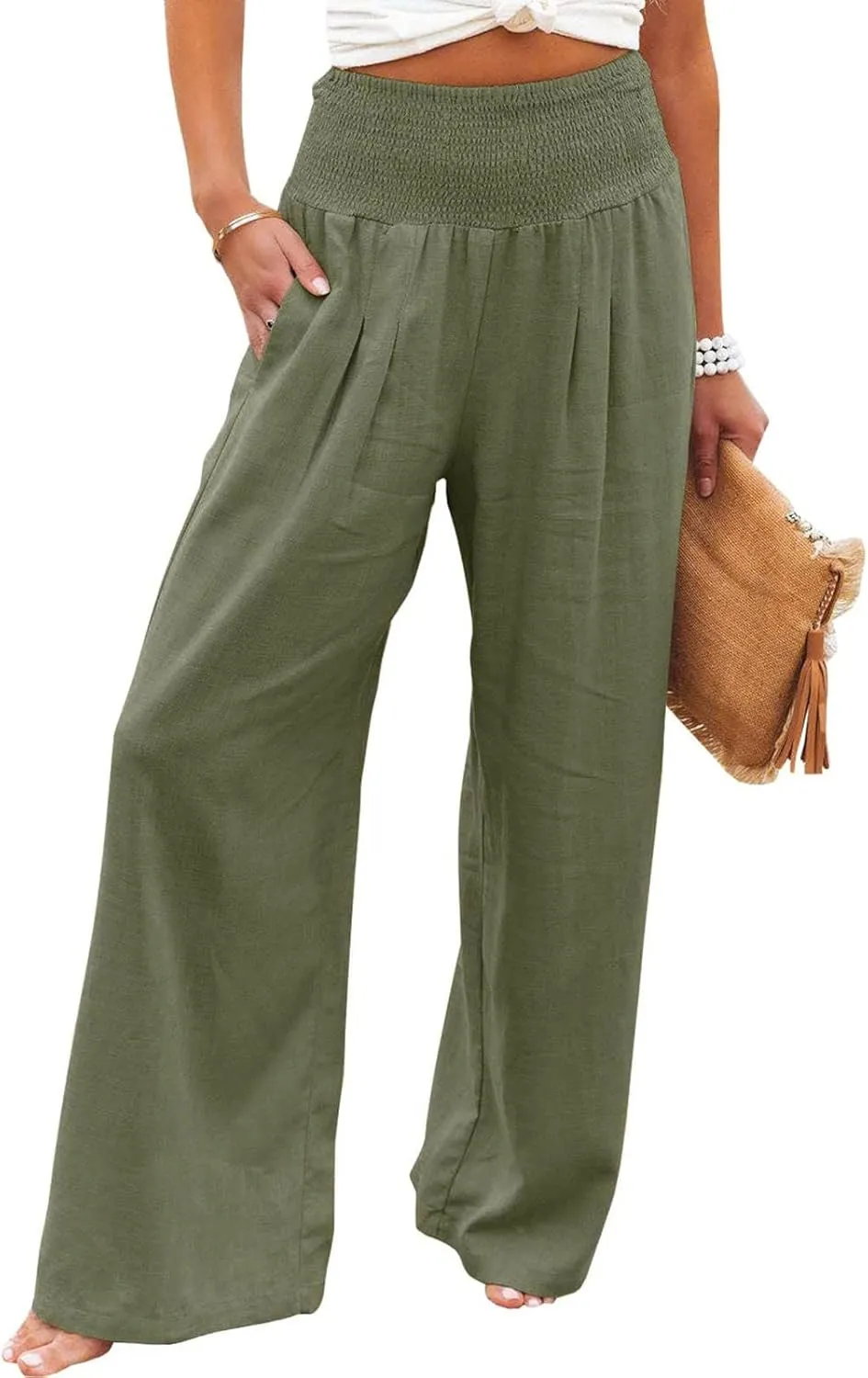 Women's Cotton Linen Summer Palazzo Pants Flowy Wide Leg Beach Trousers Smocked Elastic Waist Loose Comfy Casual