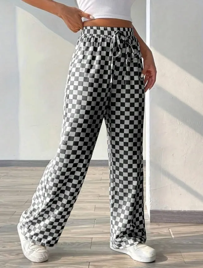 Women's Drawstring Checkered Trousers High Waist Plaid Wide Leg Pants Y2k Streetwear Straight Pants with Pockets