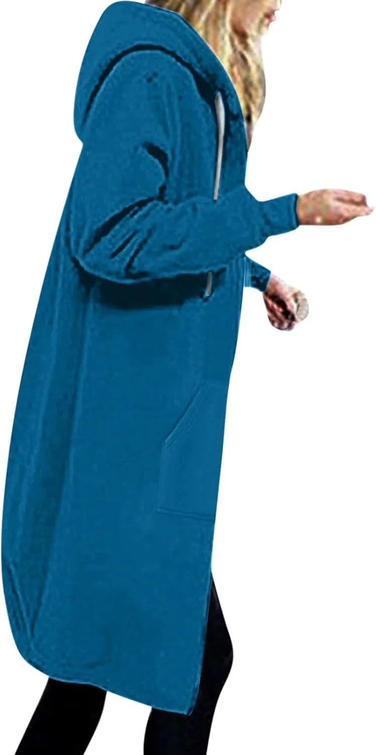 Womens Hoodies Zip Up Long Jackets Fleece Tunic Sweatshirt Oversized Outwear Thick Warm Coat with Pockets