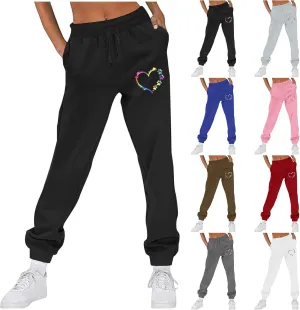 Women's Love Heart Dog Paw Print Sweatpants Winter Fleece Sports Pant Baggy High Waist Drawstring Joggers with Pockets