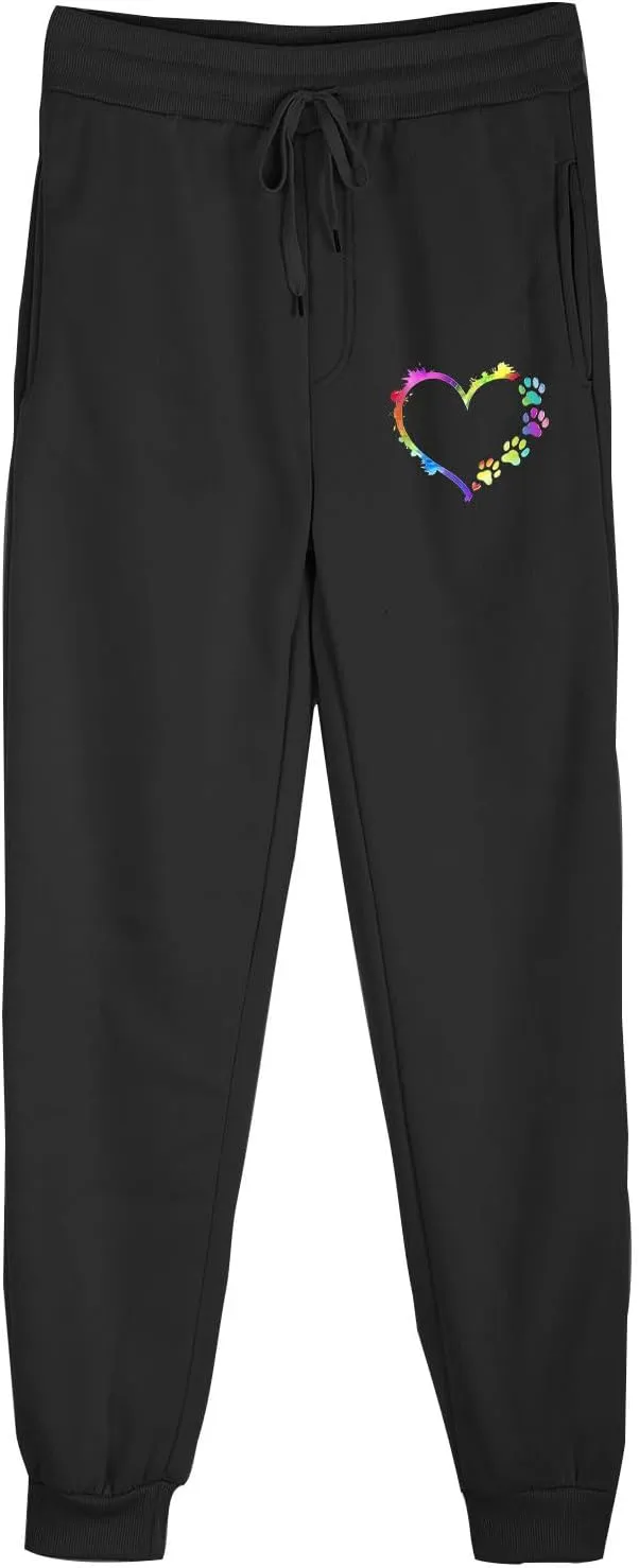 Women's Love Heart Dog Paw Print Sweatpants Winter Fleece Sports Pant Baggy High Waist Drawstring Joggers with Pockets