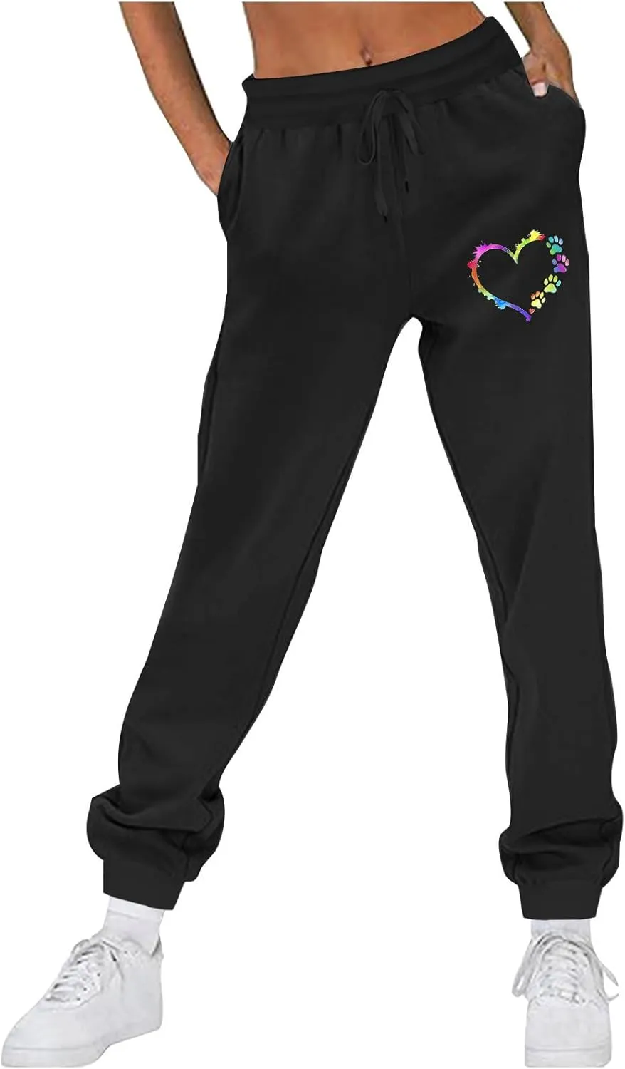 Women's Love Heart Dog Paw Print Sweatpants Winter Fleece Sports Pant Baggy High Waist Drawstring Joggers with Pockets