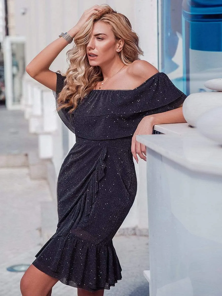 Women's Off Shoulder Cocktail Dress with Ruffle Sleeves