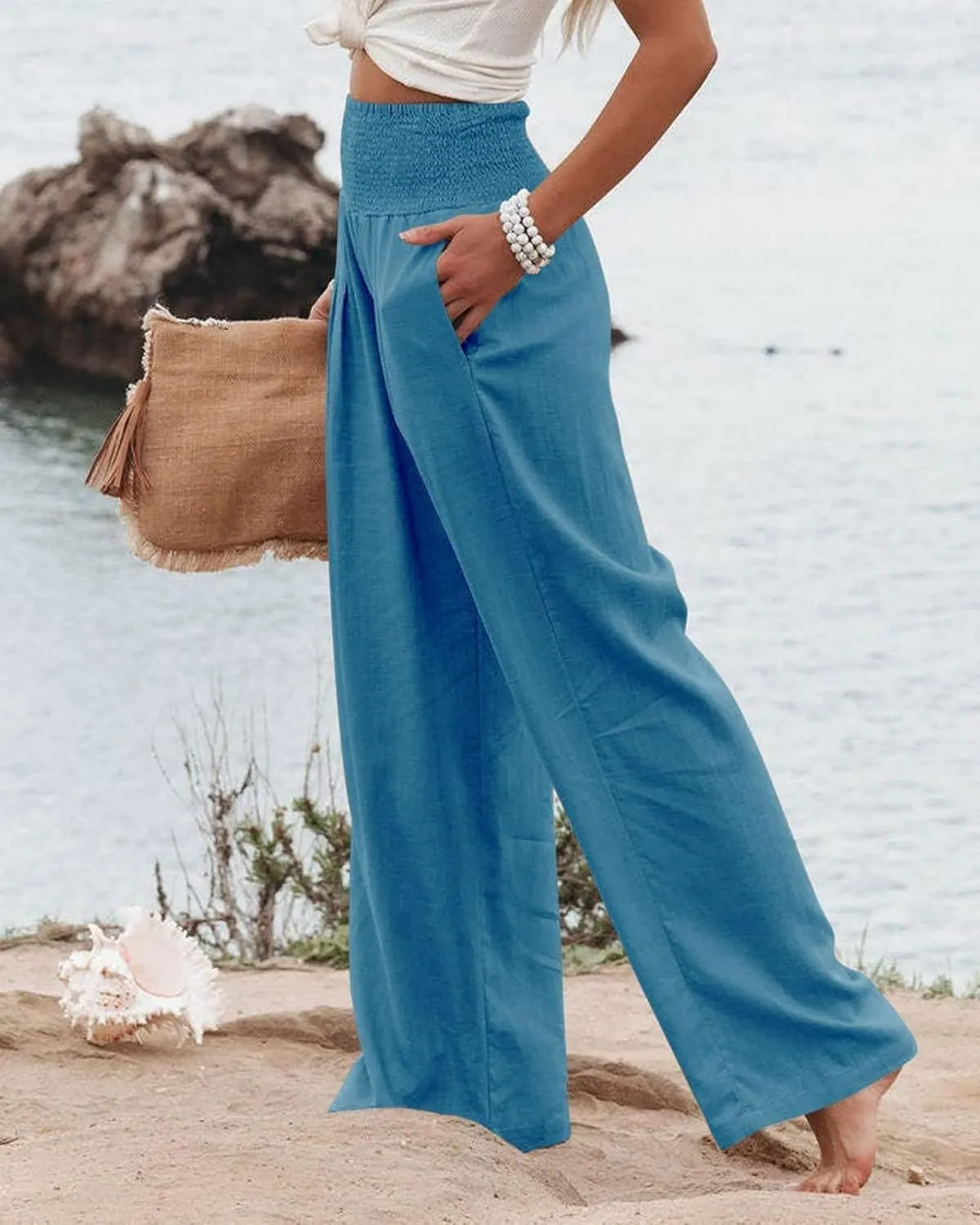 Women's Waist Wide Leg Loose Cotton Linen Palazzo Pants High Waisted Trousers Casual Flowy Pants with Pockets