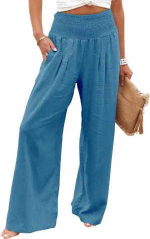 Women's Waist Wide Leg Loose Cotton Linen Palazzo Pants High Waisted Trousers Casual Flowy Pants with Pockets