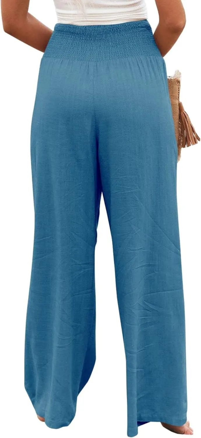 Women's Waist Wide Leg Loose Cotton Linen Palazzo Pants High Waisted Trousers Casual Flowy Pants with Pockets