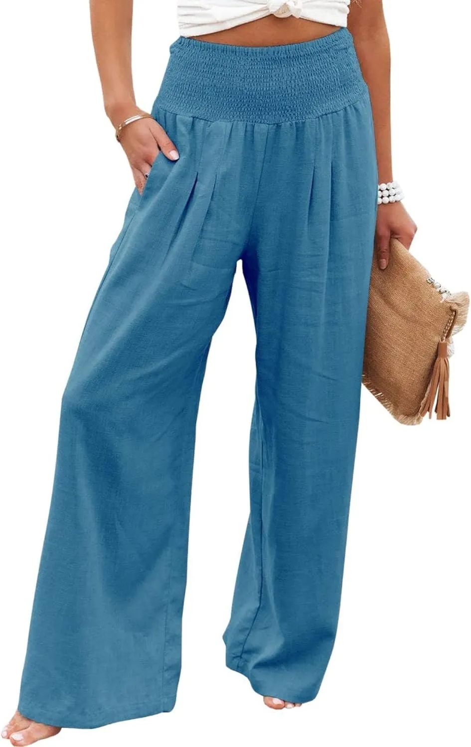 Women's Waist Wide Leg Loose Cotton Linen Palazzo Pants High Waisted Trousers Casual Flowy Pants with Pockets