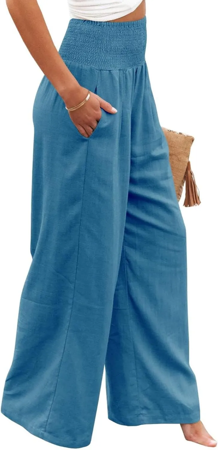Women's Waist Wide Leg Loose Cotton Linen Palazzo Pants High Waisted Trousers Casual Flowy Pants with Pockets