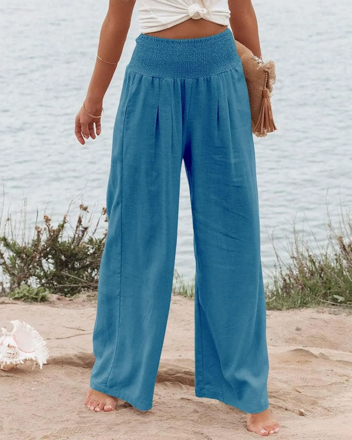 Women's Waist Wide Leg Loose Cotton Linen Palazzo Pants High Waisted Trousers Casual Flowy Pants with Pockets