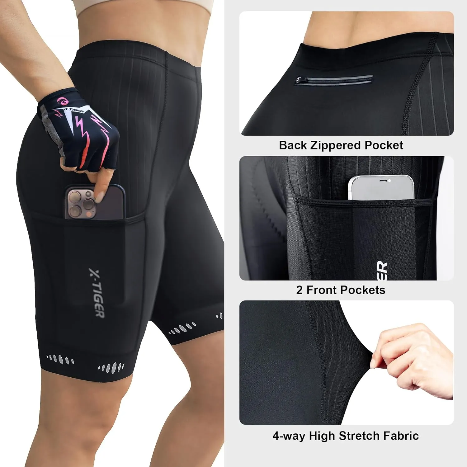 X-TIGER Padded Bike Shorts for Women 5D Gel Padding with Zipper Pockets Cycling Shorts Womens Bicycle Road Biking Biker Short