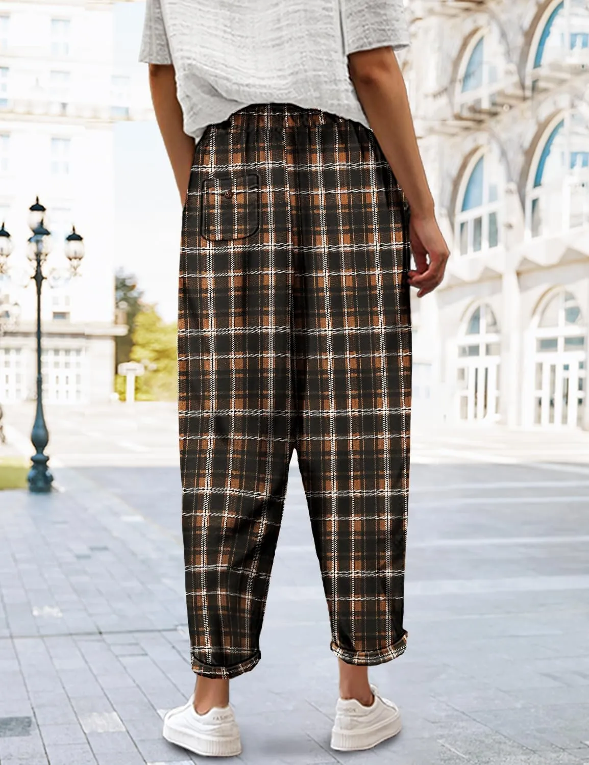 YESNO Women's Casual Straight Leg Pants Fall Drawstring Elastic High Waist Woolen Tapered Trousers with Pockets PWT