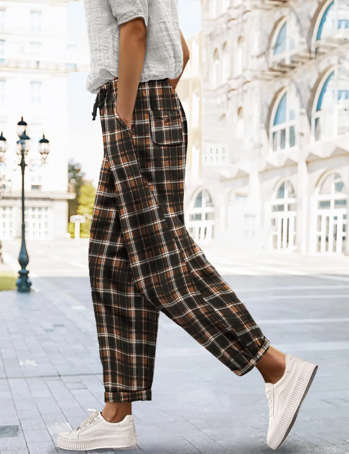 YESNO Women's Casual Straight Leg Pants Fall Drawstring Elastic High Waist Woolen Tapered Trousers with Pockets PWT