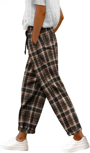 YESNO Women's Casual Straight Leg Pants Fall Drawstring Elastic High Waist Woolen Tapered Trousers with Pockets PWT