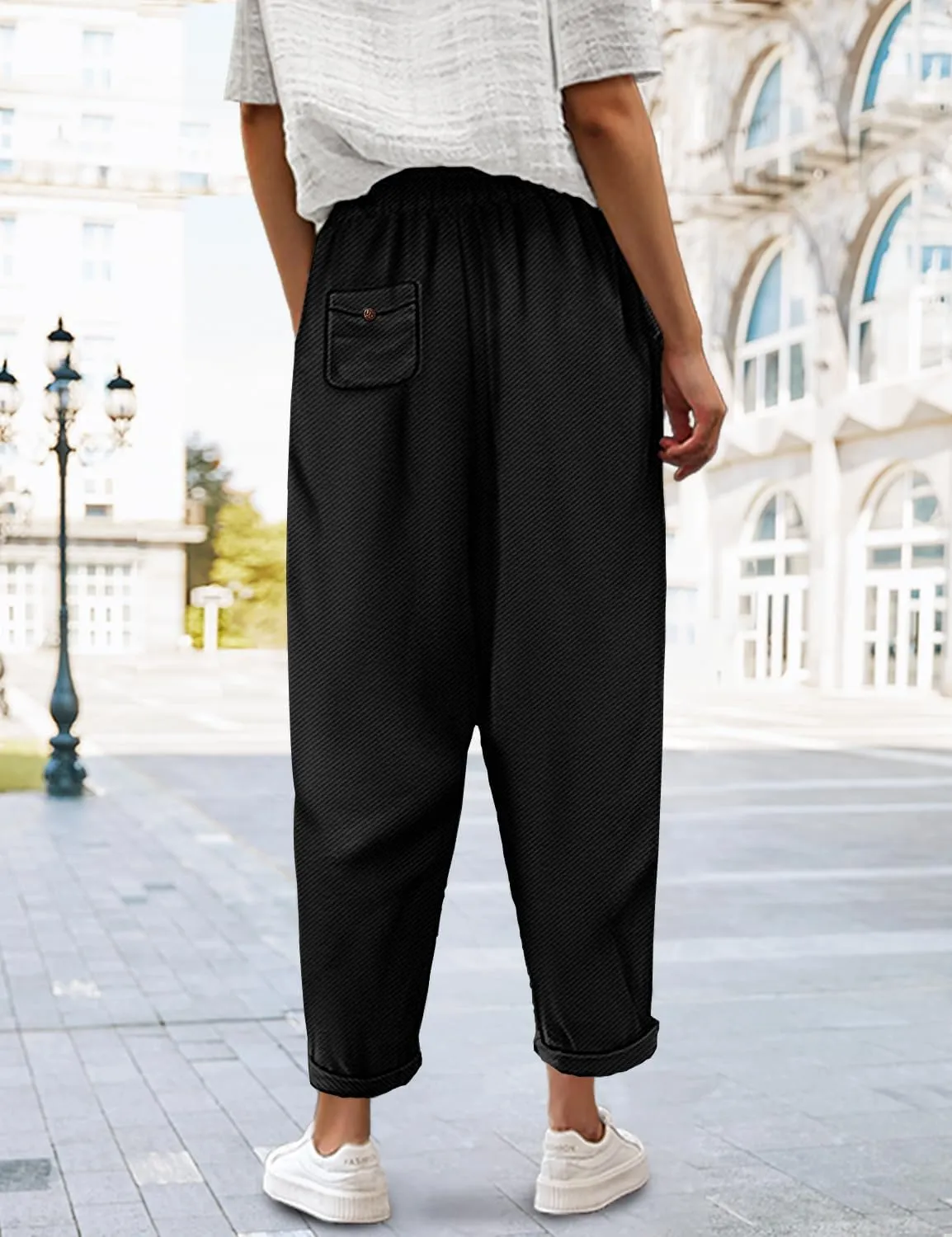 YESNO Women's Casual Straight Leg Pants Fall Drawstring Elastic High Waist Woolen Tapered Trousers with Pockets PWT