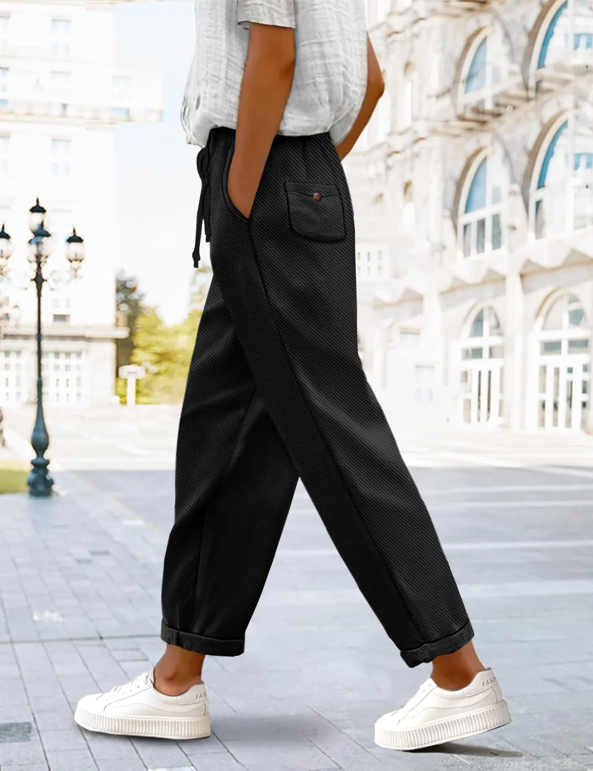 YESNO Women's Casual Straight Leg Pants Fall Drawstring Elastic High Waist Woolen Tapered Trousers with Pockets PWT